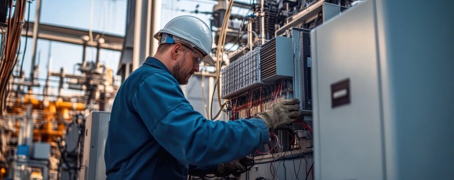 An industrial worker inspects electrical equipment, demonstrating expertise and safety in a manufacturing environment.