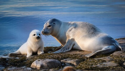 Sweet seal pup and parent pair on a rocky shore