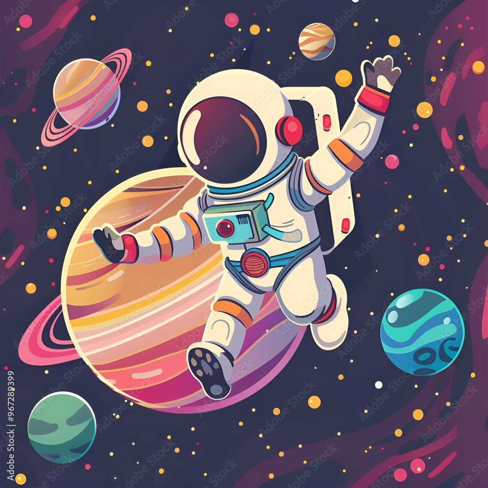 Wall mural a playful cartoon astronaut floating in space alongside colorful planets. whimsical space illustrati