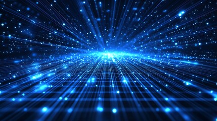 Obraz premium A mesmerizing digital landscape featuring bright blue light rays and sparkling particles radiating into the void.