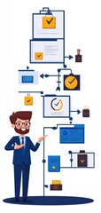 A businessman explaining a workflow process with charts and icons showcasing efficiency and project management.