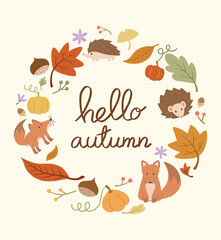 Autumn logo illustration with animals and plants