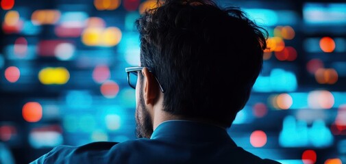 A professional observing data on multiple screens, representing technology, analysis, and decision-making in a modern workspace.