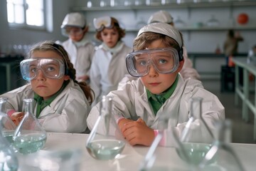 Young children in lab coats and goggles look attentively at various beakers and experiments during a science class, eager to learn and discover.