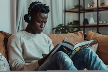 Fototapeta premium A man in a white sweater and headphones intently reads a book on a cozy, tan sofa in a modern living room setting.