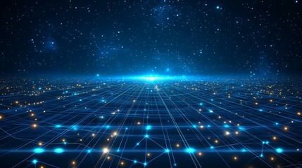 Obraz premium A mesmerizing digital landscape featuring glowing networks and stars, symbolizing connectivity and a futuristic vision.