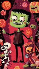A cute Frankenstein character joyfully holds colorful lollipops with Halloween decorations and treats like candy and a skeleton nearby