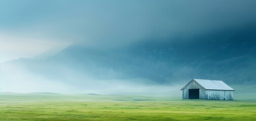 A tranquil landscape featuring a solitary barn amidst rolling hills and a misty atmosphere, perfect for serene imagery.