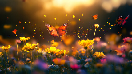 Colorful butterflies fluttering over a vibrant flower field during golden hour in a serene natural setting