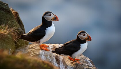 Lively puffin duo on a rugged coastal cliff