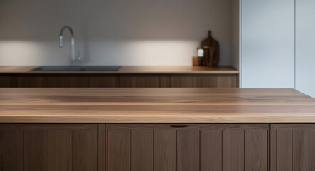 Wood table top on blur kitchen counter (room)background.