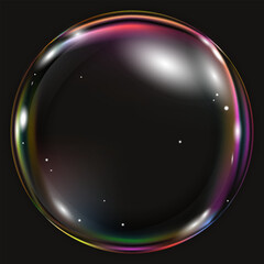 Soap isolated on Black Background,3d Circle gradients neon colour,Vector Rainbow Bubble Design element for Christmas decoration card,Round clear bead balloon,Multicolour Drop air