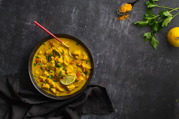 Bowl with chicken curry with vegetables on dark background. Indian cuisine. Thai Chicken Curry With Coconut Milk. Coconut. Thai Panang Curry. Top view, space for text. Food photography for restaurant