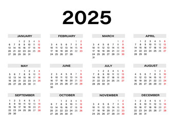 annual calendar 2025 year, week starts on monday corporate planner template vector editable. Business calendar Yearly organizer in minimalist style for 2025 design. Landscape orientation