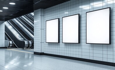 Realistic 3D render illustration of mock up Poster media template advertisements displaying on NYC subway escalators.