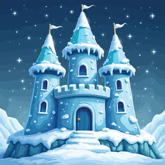 Naklejka premium A cartoon illustration of an ice castle with three towers a blue door and small window