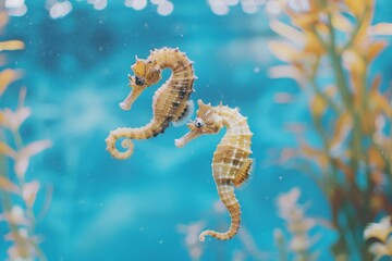 Two seahorses gracefully float in a vibrant blue underwater world, surrounded by delicate aquatic plants, capturing the tranquility of marine life.