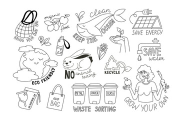 Eco Awareness black and white design set: green energy and environmental elements