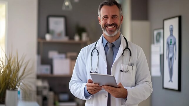 Friendly doctor smiling while holding a tablet in a modern medical office during daytime