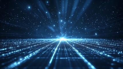 Fototapeta premium A mesmerizing image of blue lights and stars creating a stunning digital landscape, perfect for futuristic and tech-related themes.