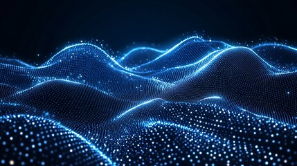 A mesmerizing view of luminous blue waves showcasing a digital landscape filled with sparkling dots and intricate patterns.