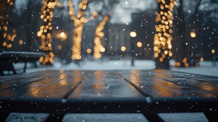 Snowy City Park with Dark Wood Table and Festive Lights on Trees, blurred background