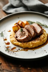 Apple cider-glazed pork tenderloin with spiced parsnip puree served on a white plate in an elegant presentation