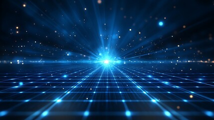 Fototapeta premium A stunning abstract background featuring vibrant blue rays of light and a grid pattern, perfect for technology and sci-fi themes.