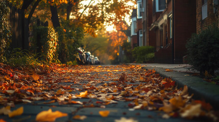 A street with leaves on the ground and cars parked on the side