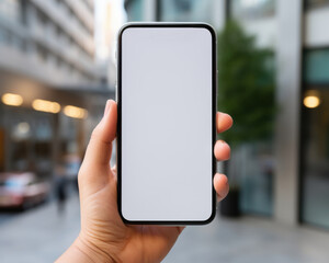 A man holds a smartphone in his hand against the background of the city in blur