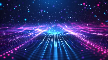 Obraz premium A stunning abstract landscape of vibrant colors with glowing particles and flowing lines, perfect for digital design and backgrounds.