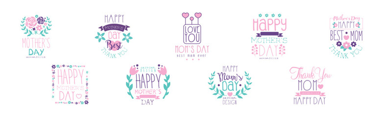 Happy Mothers Day Design with Purple Element Vector Set