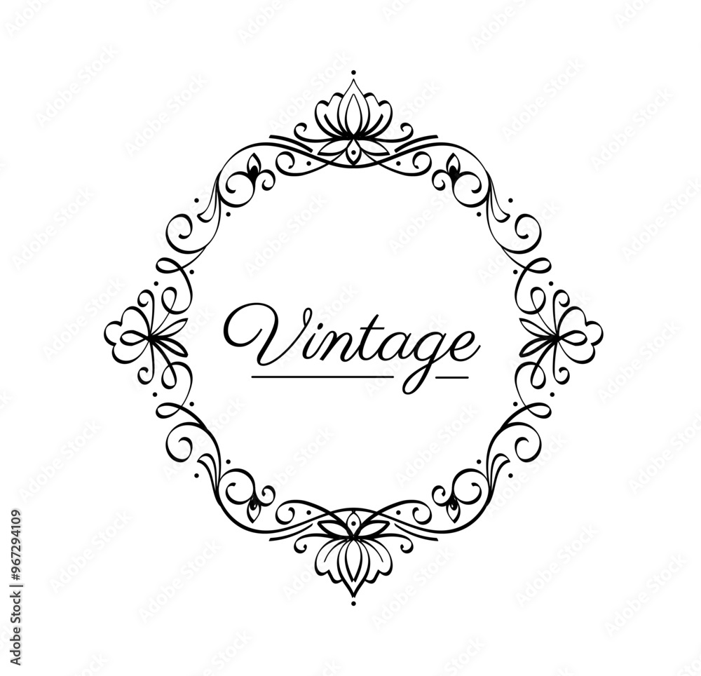 Fototapete Vintage frame element. Traditional border and pattern. Retro swirl and vignette with text. Round bloom ornament. Typography and calligraphy. Linear vector illustration