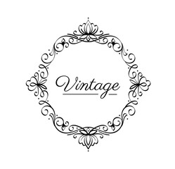 Vintage frame element. Traditional border and pattern. Retro swirl and vignette with text. Round bloom ornament. Typography and calligraphy. Linear vector illustration