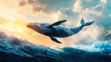 A humpback whale breaching the ocean surface against a vibrant sunset in a dramatic coastal scene
