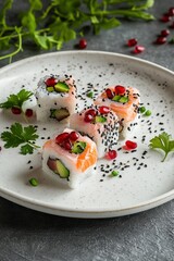 Artfully presented sushi with pomegranate seeds on a white plate showcasing innovative culinary techniques and vibrant aesthetics