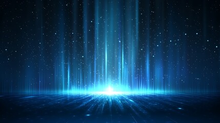 A stunning abstract scene displaying vibrant blue light beams spreading across a dark background, creating a sense of depth and wonder.