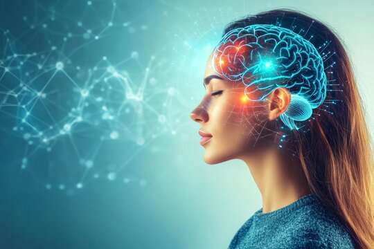 Cerebral cortex synapse data mapping cybernetics and holography side profile of a woman with glowing brain connections symbolizing neural pathways and cognitive function