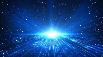 Obraz premium A stunning blue cosmic background with light rays emanating from a central point, ideal for science fiction or space themes.