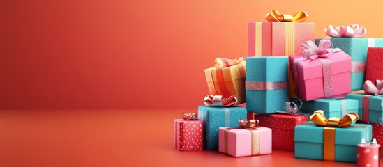 Christmas gifts wrapped in paper with golden ribbons in bokeh light background