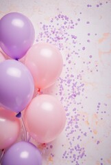 Soft pink and lavender balloons on the left side, paired with delicate confetti, leaving free space on the right for design elements