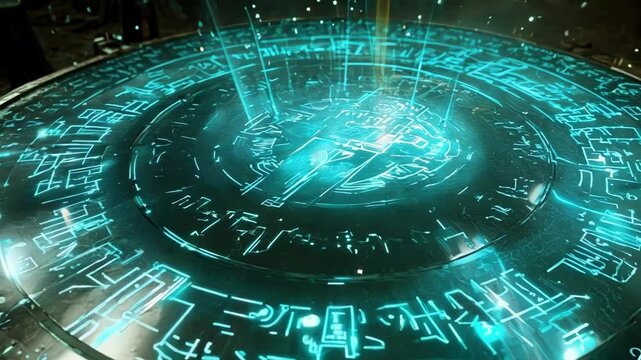 Glowing holographic projection coming from a circular device with ancient writing, possibly belonging to an ancient civilization or aliens