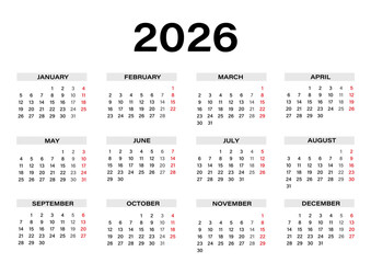 annual calendar 2026 year, week starts on monday corporate planner template vector editable. Business calendar Yearly organizer in minimalist style for 2026 design. Landscape orientation