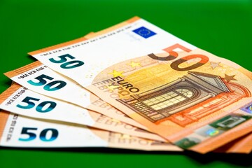 Deux cents euros en quatre billets de cinquante euros sur fond vert