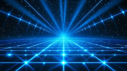 Fototapeta premium A stunning blue light burst with grid lines, creating a vibrant digital landscape with a starry backdrop.