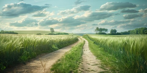 Spring scenery Rural dirt road cutting through lush wheat fields providing a smooth path for vehicles between locations