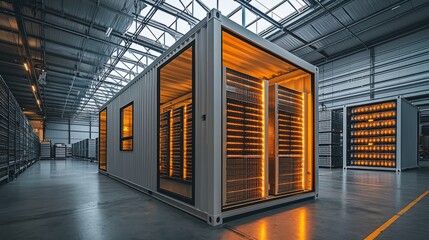 Obraz premium high-tech data center unit housed inside an open-door white container, situated within an expansive industrial warehouse