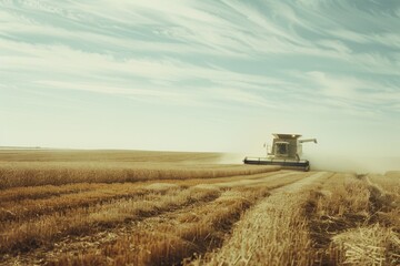 Fototapeta premium A harvester threshing through an expansive golden wheat field under a sky painted with wispy clouds, portraying the essence of rural harvest time.