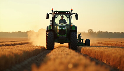 Fototapeta premium Farmer drives a tractor with equipment across a sunlit field, with detailed machinery and a blurred backdrop.