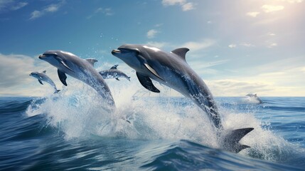 Fototapeta premium A photo of a group of dolphins jumping